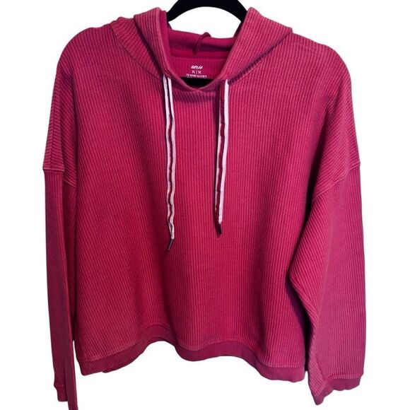 aerie Tops - Aerie- Women's Cozy Cropped Hooded Sweatshirt Coral Cotton Ribbed Knit,  XL